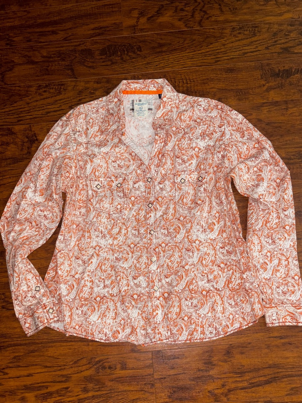 Panhandle Western Shirt Paisley Long Sleeve Snap Button 100% Cotton White Orange